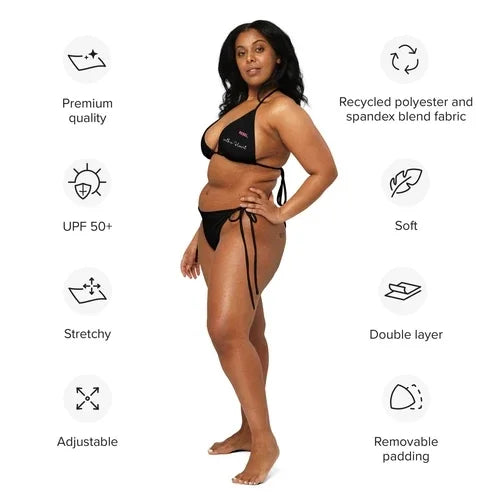 Plus size woman wearing a black string bikini with feature icons for fabric and quality.