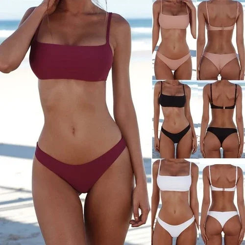 Women's minimalist two-piece bikini sets in burgundy, black, nude, and white colors.