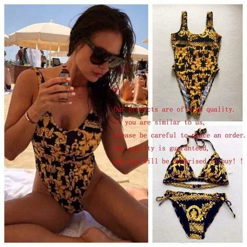 Woman wearing a black and gold baroque print one-piece swimsuit with matching bikini set.
