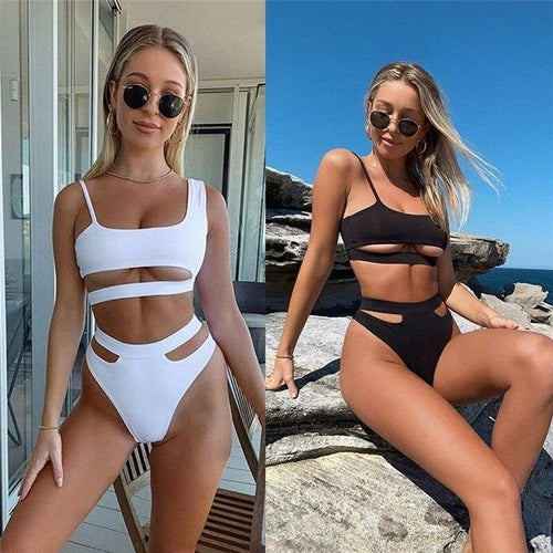 White Bikini Hollow Split Sexy Backless High Waist Bikini 2 Piece