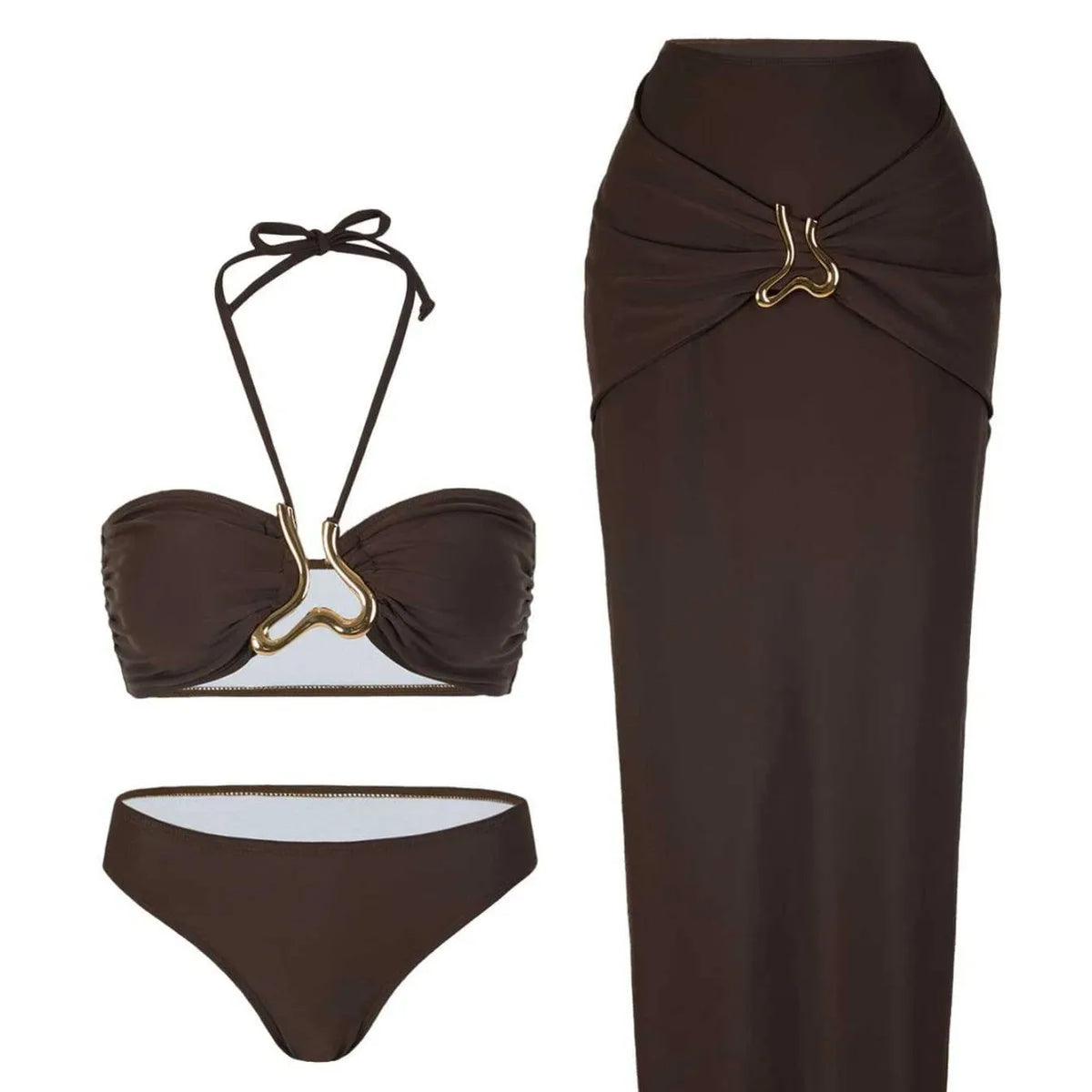 Chocolate brown three-piece swimwear set featuring a halter bikini top and matching maxi skirt.