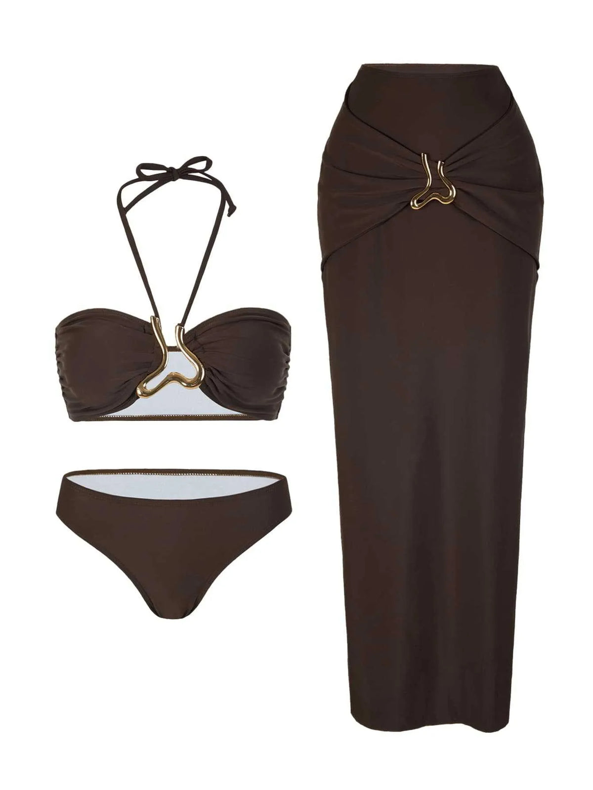 Brown three-piece swimwear set featuring a bandeau bikini top, high-waisted bottoms, and a maxi skirt.