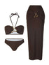 Brown three-piece swimwear set featuring a bandeau bikini top, high-waisted bottoms, and a maxi skirt.