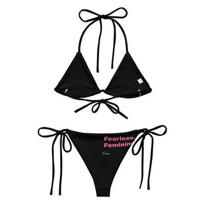 Black string bikini set featuring pink text on the bottom piece.