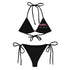 Black two-piece bikini set with a triangle top featuring pink text and tie-side bottoms.