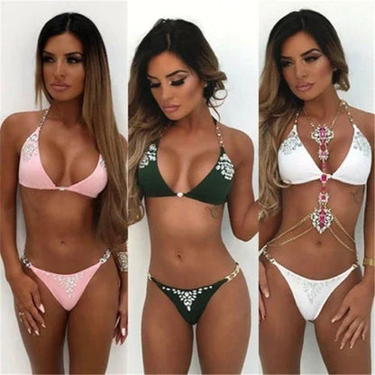 Women wearing stylish two-piece bikini sets in pink, dark green, and white with jewel accents.