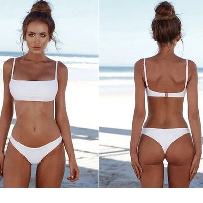 Front and back view of a woman wearing a white two-piece bikini on a beach.